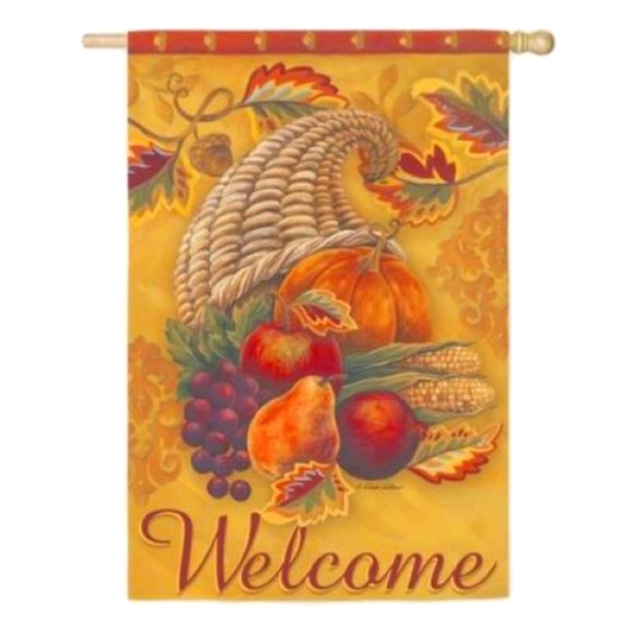 Fall / Thanksgiving House Flag WELCOME Horn of Plenty  2 sided New 13S2661 - Picture 1 of 4